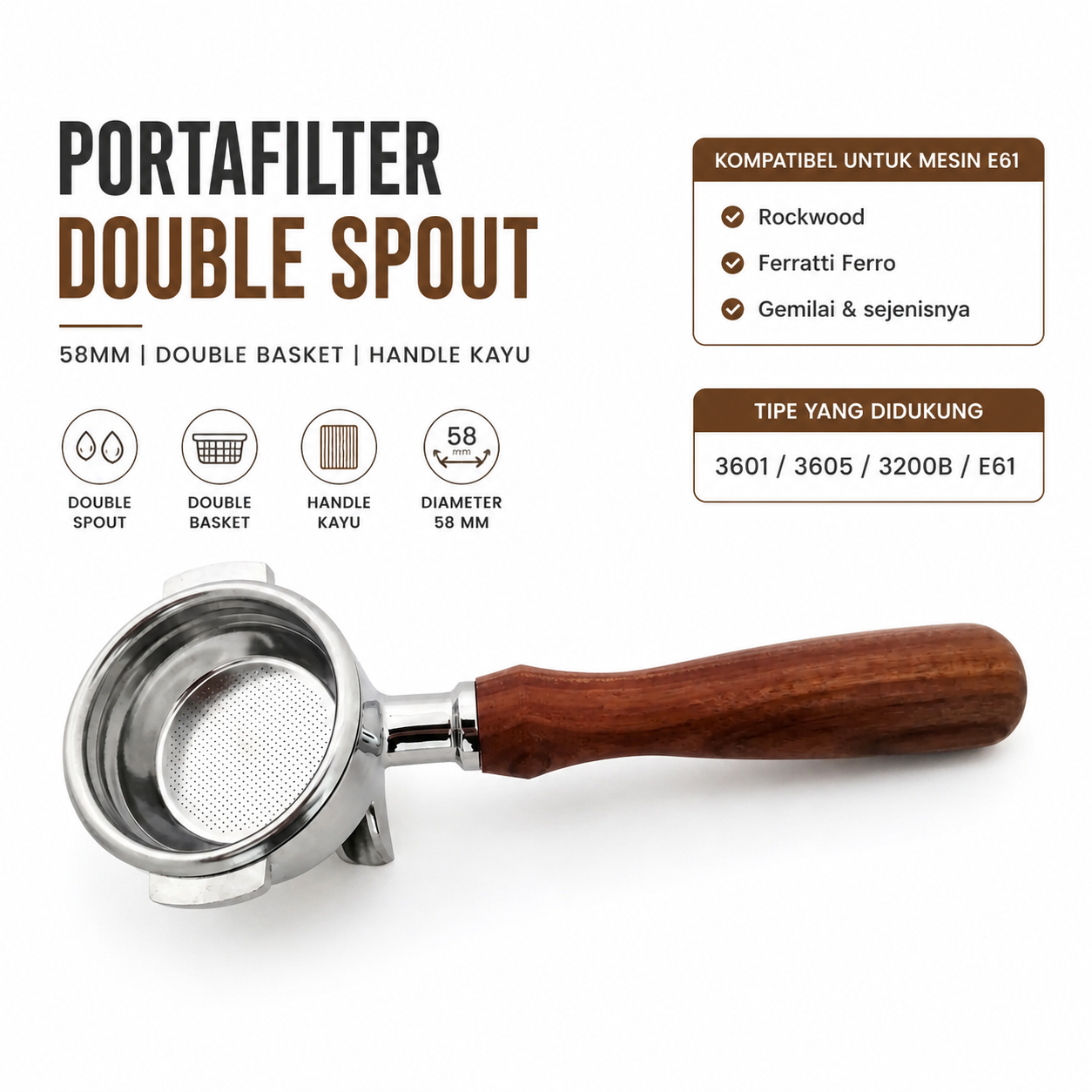 Portafilter with Two spout double basket 58 mm