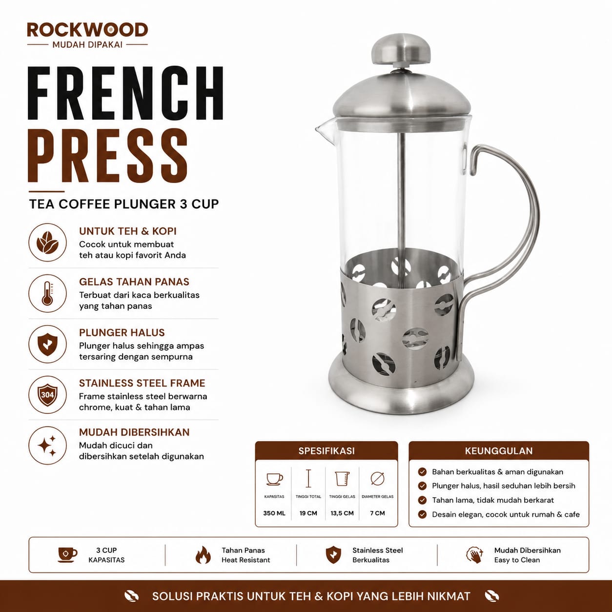 Tea Coffee Plunger 3 cup French Press 350ml