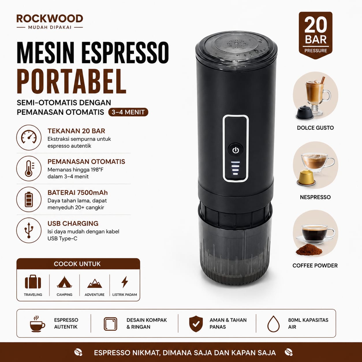 Portable Electric Espresso Machine with 3-4 Min Self-Heating