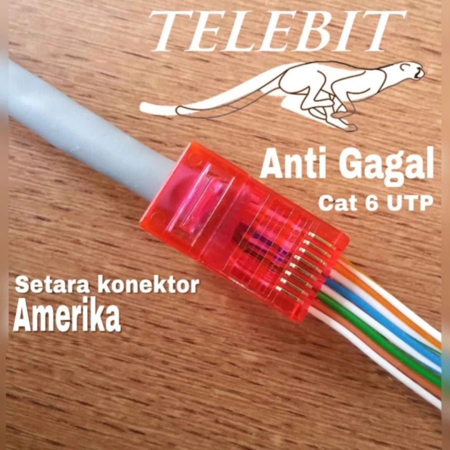 Konektor RJ45 Gold P Kecepatan 1 Gbps CAT 6 TELEBIT Crimp anti gagal