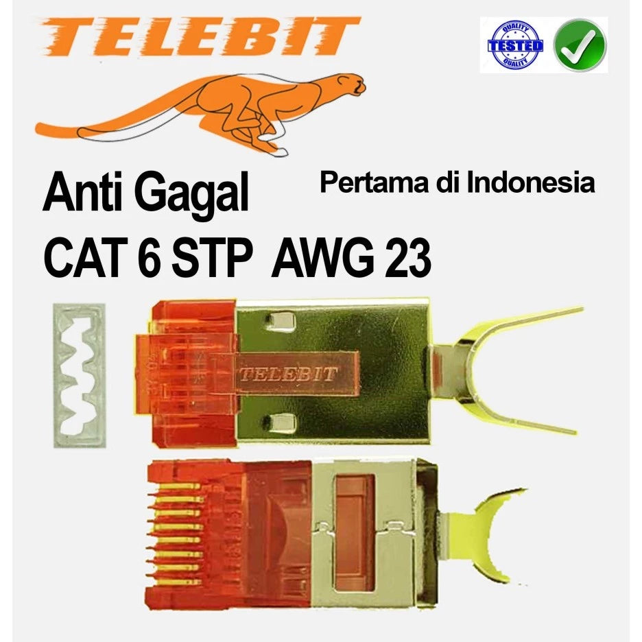 KONEKTOR ANTI GAGAL RJ45 GOLD PLATED STP CAT 6 TELEBIT UNTUK AWG 23