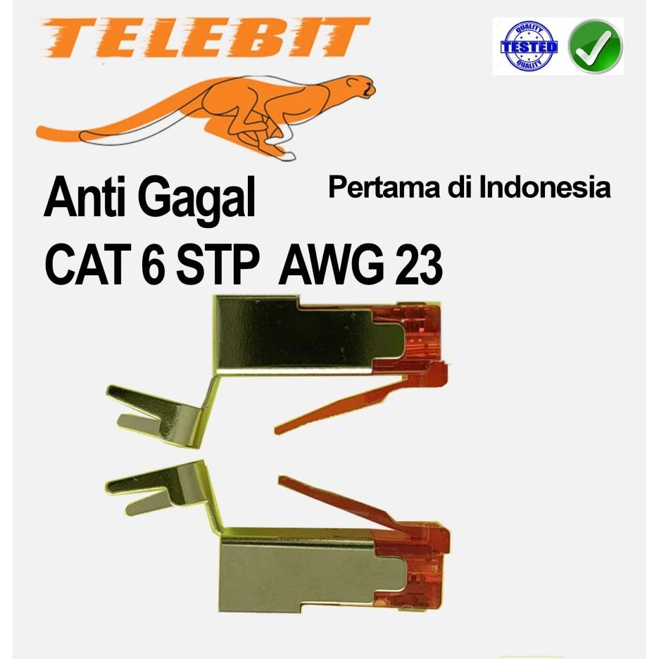 KONEKTOR ANTI GAGAL RJ45 GOLD PLATED STP CAT 6 TELEBIT UNTUK AWG 23