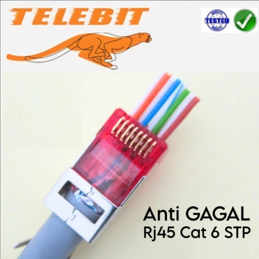 KONEKTOR ANTI GAGAL RJ45 GOLD PLATED STP CAT 6 TELEBIT UNTUK AWG 23