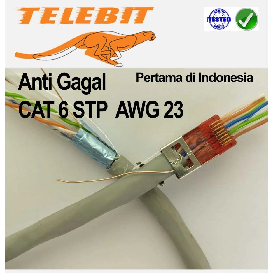 KONEKTOR ANTI GAGAL RJ45 GOLD PLATED STP CAT 6 TELEBIT UNTUK AWG 23